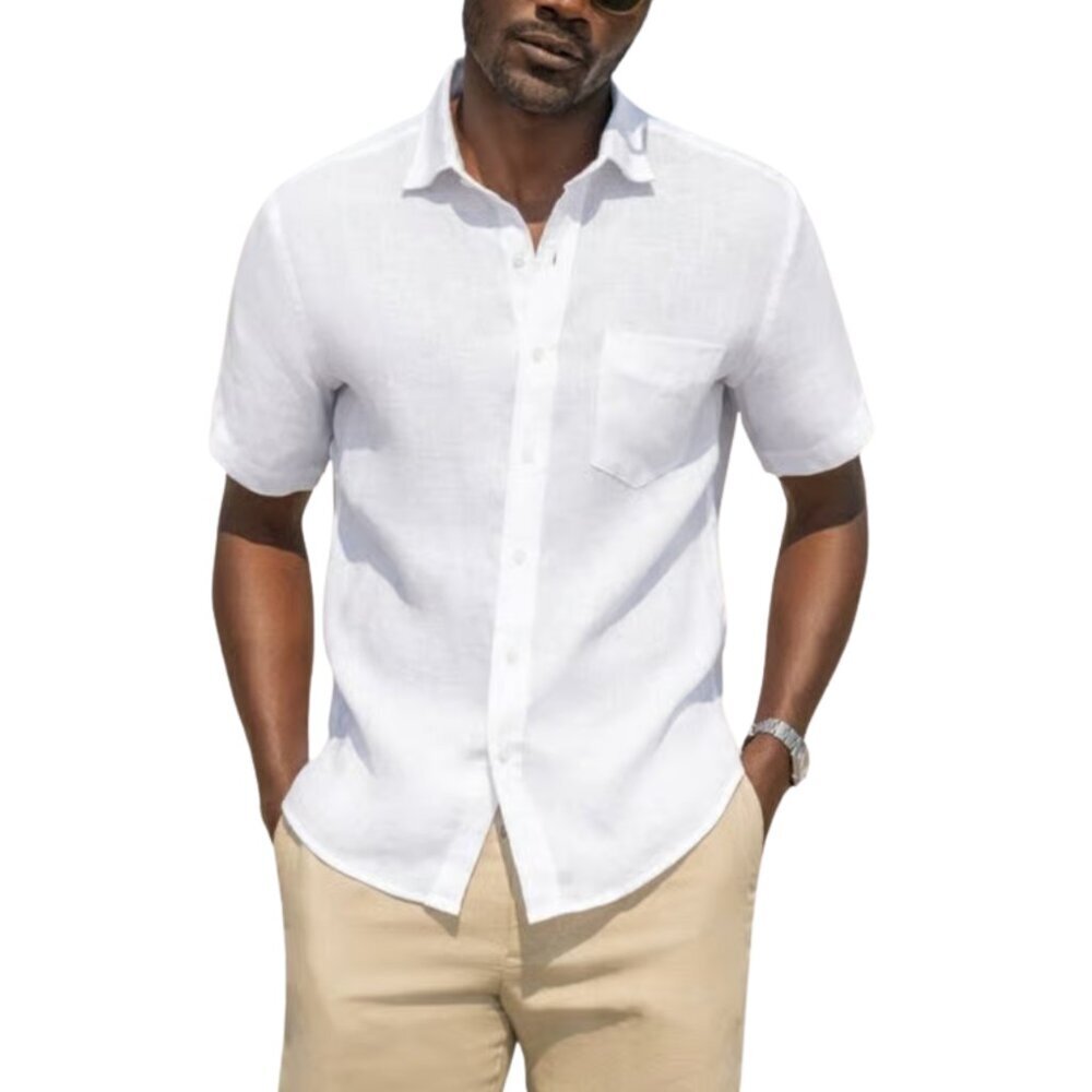 Alan Flusser Mens 100% Linen Ivory Short Sleeve Relaxed Fit Shirt Sz Med Casual